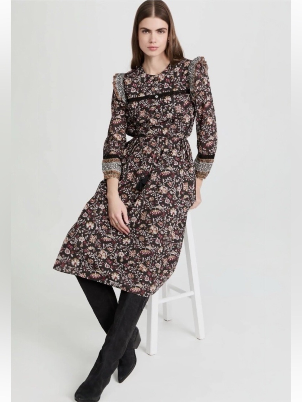 Cleobella Lotus Midi Dress Lolita Block Print Long Sleeve Organic Cotton Lined - Picture 3 of 14